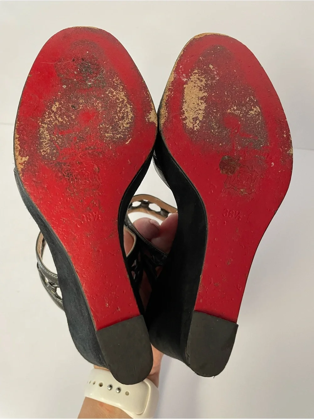 Christian Louboutin Black Suede and Metallic Grey Wedge Sandals